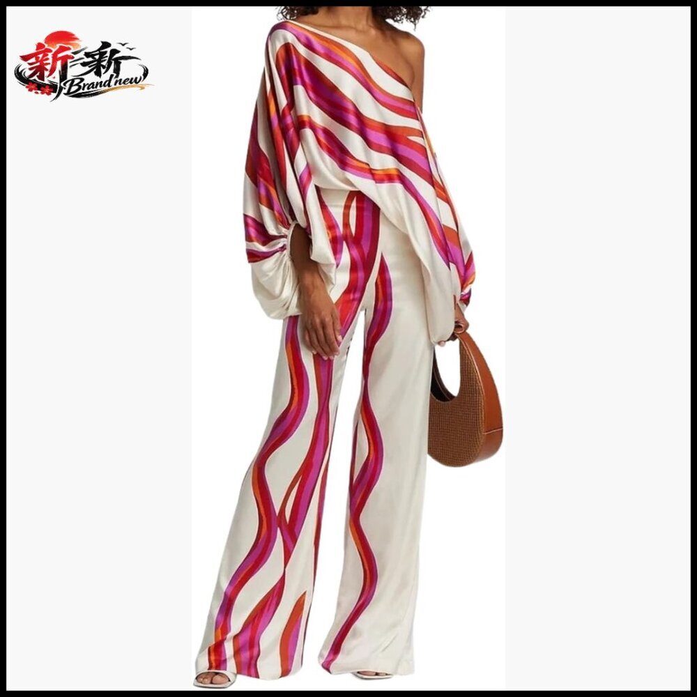 Polyester Elastane Off Shoulder Printed Long Sleeve Wide Leg Pants Set